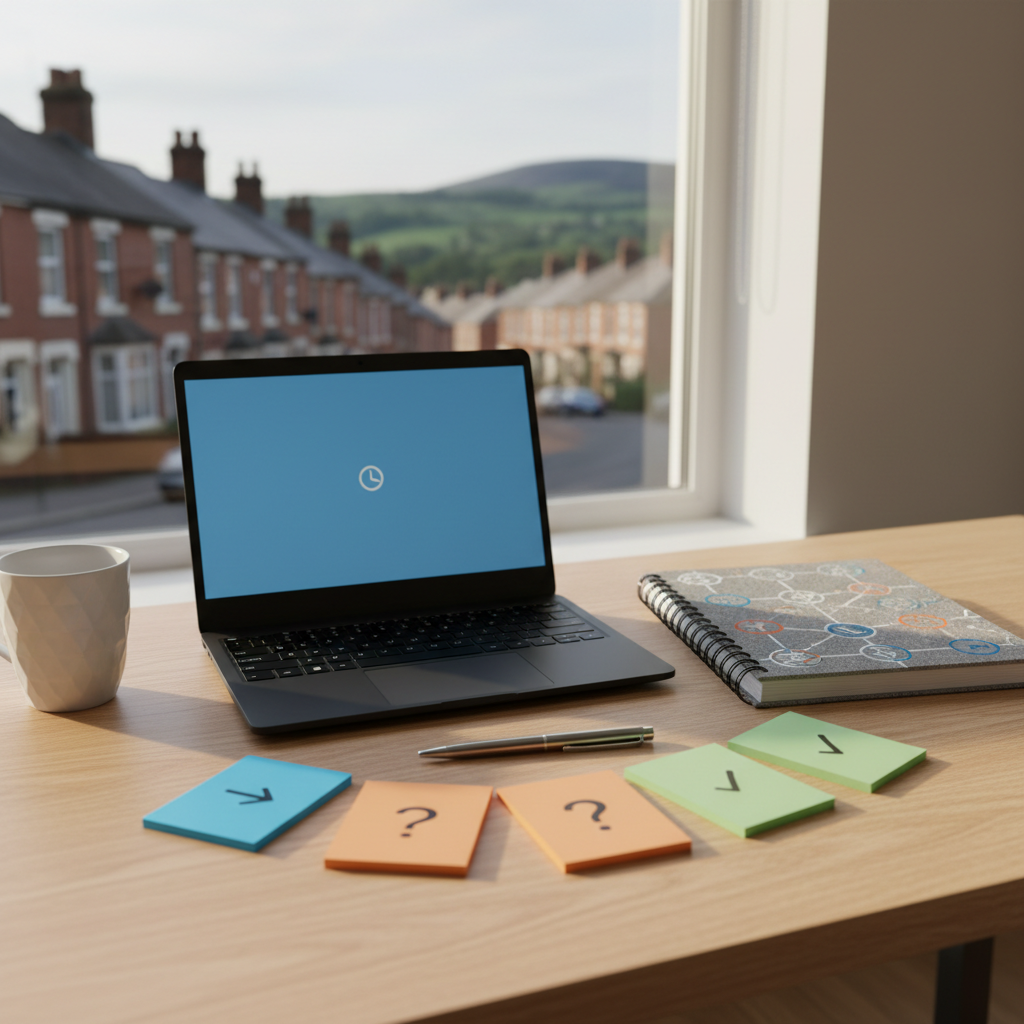 A minimalist consultant’s desk set up for a strategic planning session, with no humans present. A matte black laptop sits open beside a thick, spiral-bound training manual labelled only with abstract symbols, and a set of colour-coded index cards fanned neatly across a smooth birch wood surface. A Belfast street scene with red-brick terraces and distant green hills is visible through a nearby window, softly out of focus. Late afternoon natural light streams in, creating long, calm shadows and subtle highlights on the metal pen and paper edges. Shot from a slightly elevated angle with shallow depth of field, the composition feels ordered and spacious. The atmosphere is thoughtful, professional, and quietly energetic, captured in crisp photographic realism with a clean, modern aesthetic.